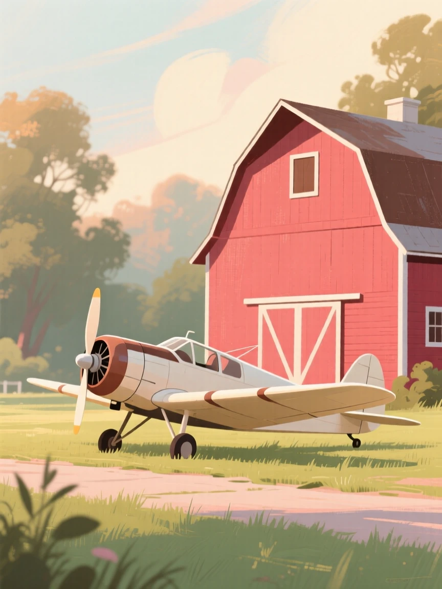 A propeller plane parked on a grassy strip beside a red barn