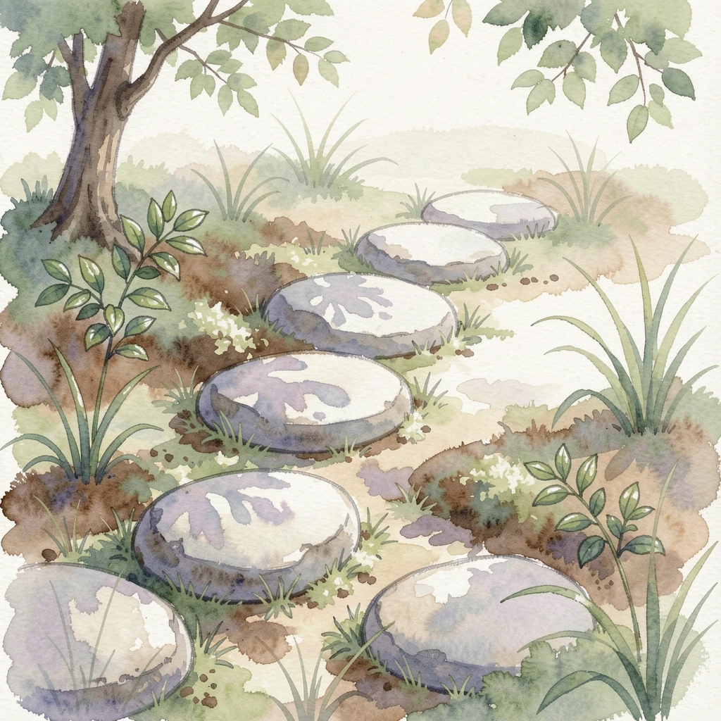 A path of stepping stones leading through a tranquil zen garden with a serene and unhurried atmosphere.