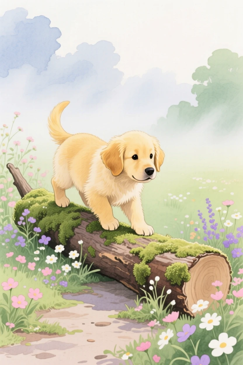 A golden retriever puppy climbs over a mossy log in a blooming garden path, as morning mist rises in the background