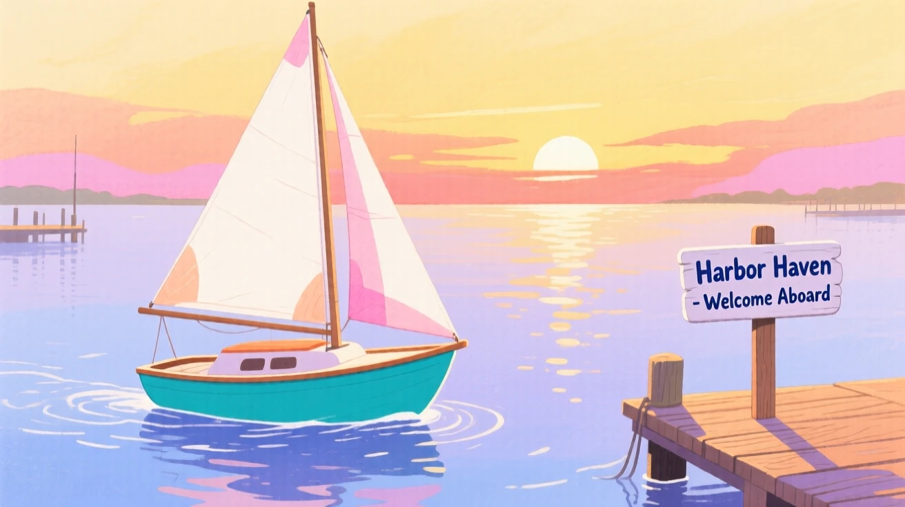 A small sailboat gliding across a calm harbor at sunset, peaceful and full of gentle motion.