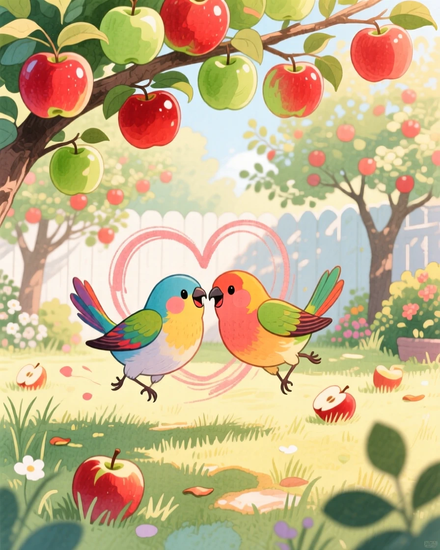 A pair of lovebirds chasing its own tail in a sunny backyard, set in an orchard heavy with ripe apples, showing unconditional love and loyalty.