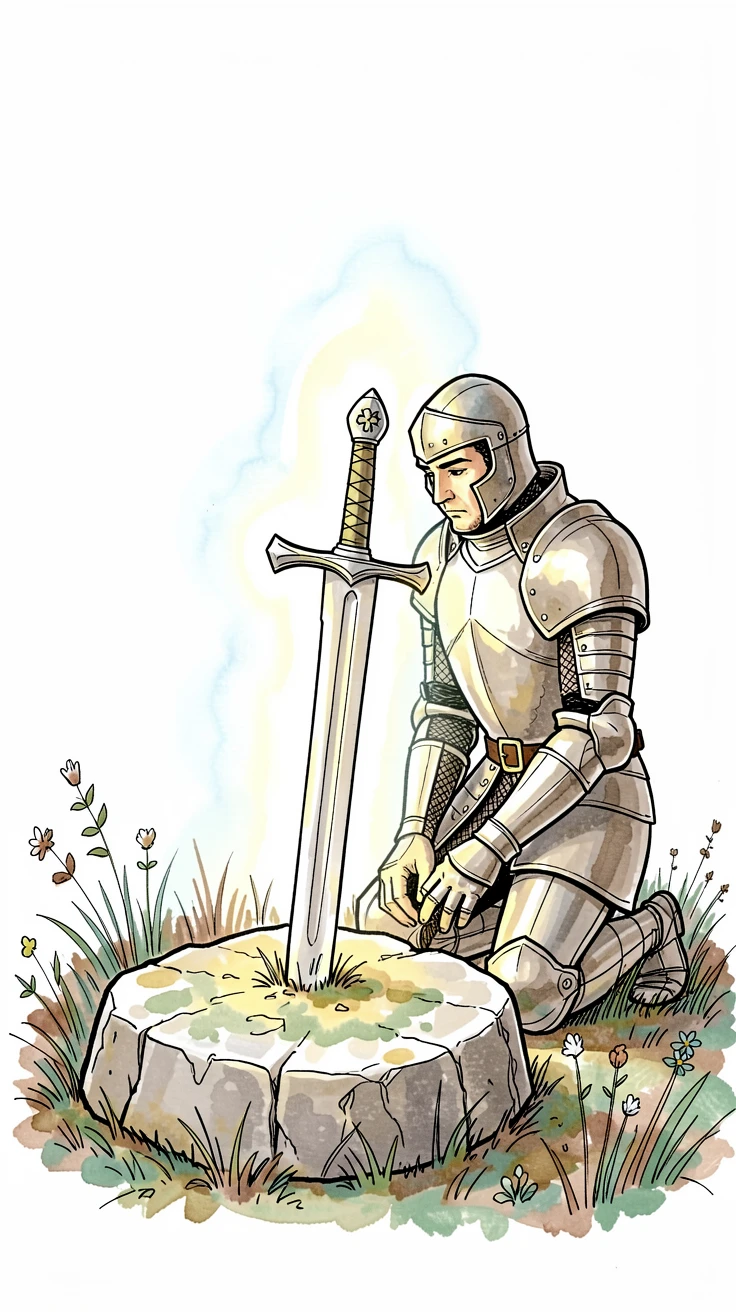 A knight kneeling before a glowing sword embedded in stone, a soft magical glow illuminating the entire scene.