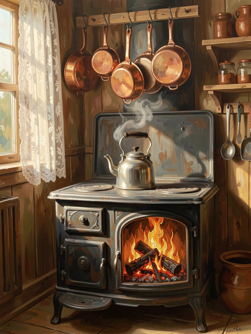 A rustic kitchen with copper pots hanging above the stove, a fire crackling softly in the background, with a steaming kettle resting on an old iron stove, at dawn, the first light spilling through lace curtains.