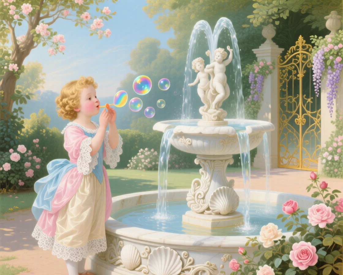 A child blowing bubbles beside a sunlit fountain  