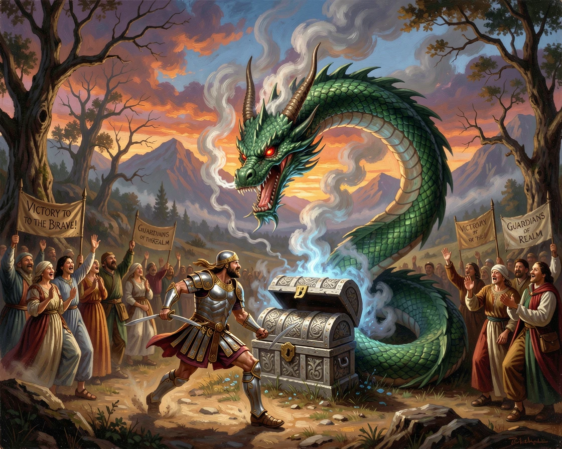 A noble warrior charges into a fearsome beast guarding an ancient treasure to the cheers of a grateful crowd.