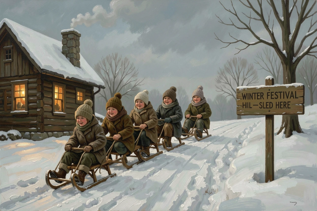 A festive winter wonderland with children sledding down a snowy hill, with warm, inviting light glowing throughout the scene, designed to bring festive cheer to any home or gallery wall