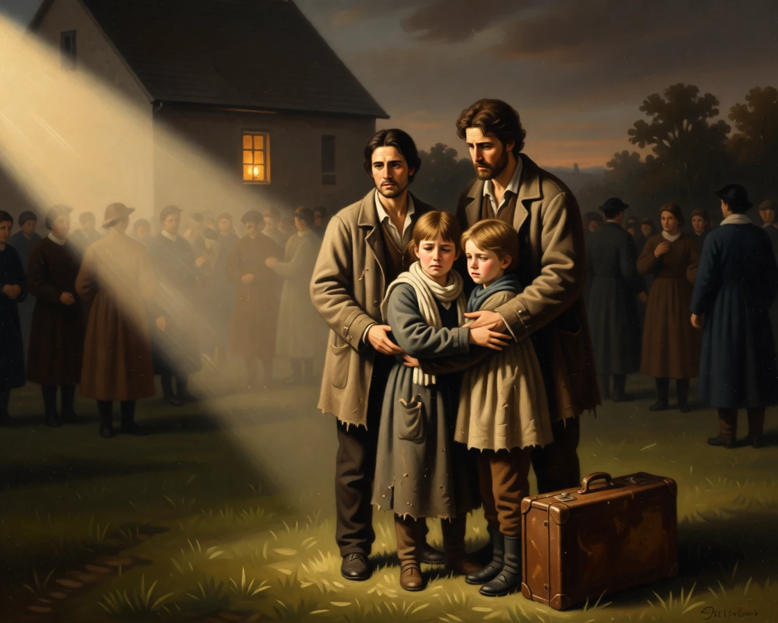 A grieving family gathered at the edge of a quiet churchyard in the raw, unguarded instant emotion breaks through, set within a modest cottage lit by a single lamp, with worn traveling clothes and a battered suitcase telling their own story; diagonal light spills across the reunited figures, isolating them from the crowd, radiating hope restored after long hardship.