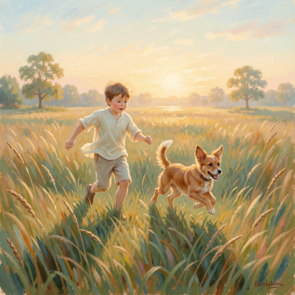 A little boy and his dog running through a field of tall grass, both caught mid-leap with joy, at golden sunrise, evoking a sense of peace and quiet wonder.