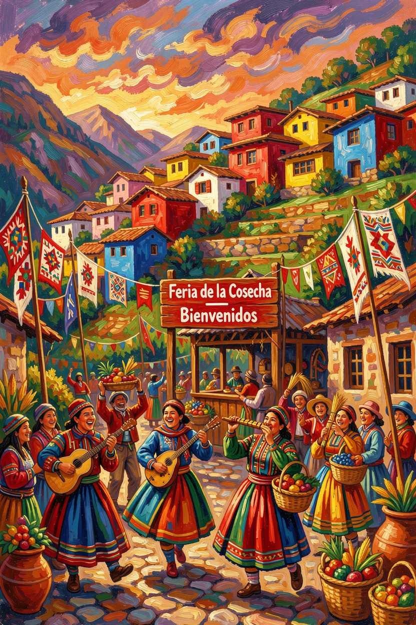 A colorful hillside town in the Andes celebrating a traditional harvest festival.