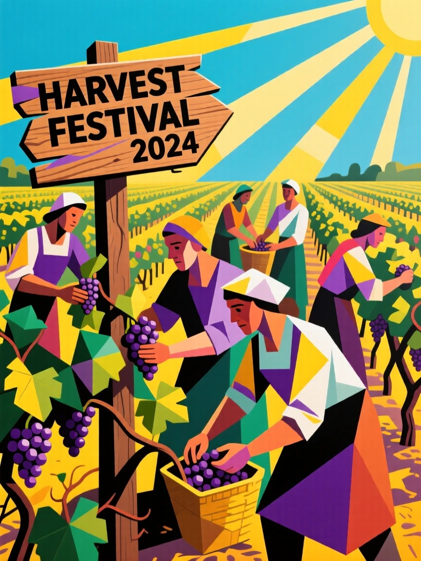 A group of villagers harvesting grapes together in a sunlit vineyard.