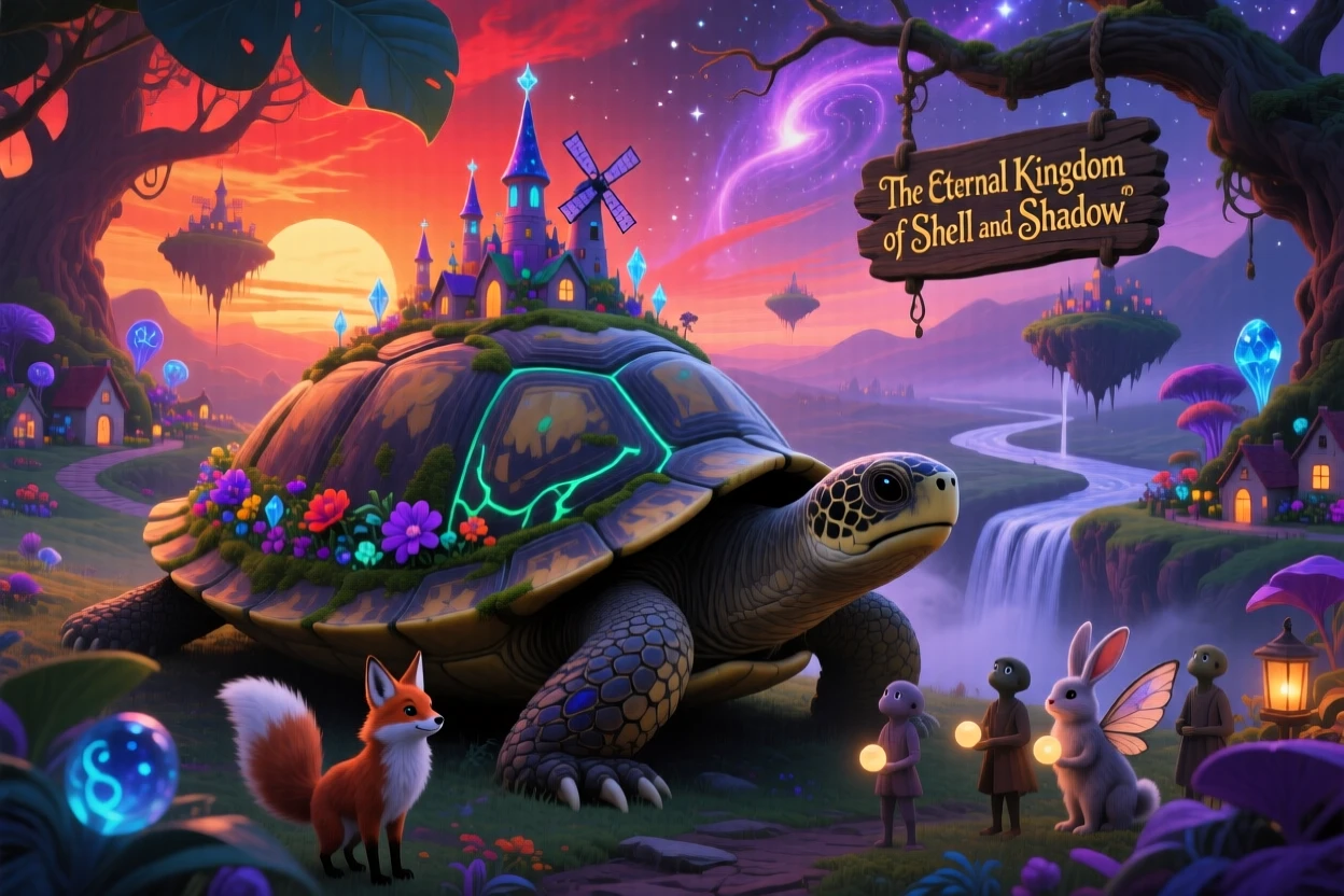 A colossal turtle carrying an entire kingdom upon its ancient shell rests beneath the light of a slow, setting sun, as small creatures gather cautiously nearby to watch.