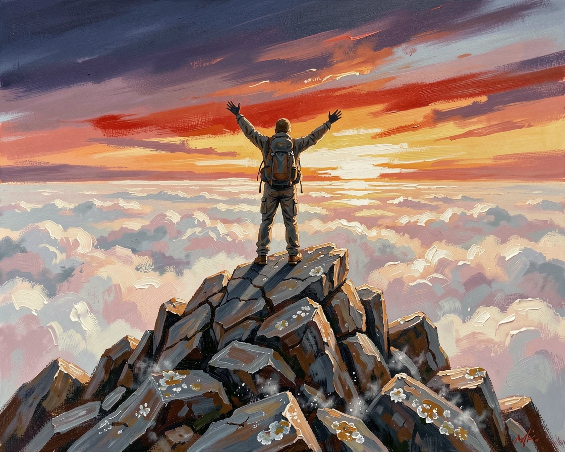A lone hiker stands atop a rocky summit at sunrise, arms raised in triumph as a sea of clouds fills the valley far below, the changing light of the hour adding a sense of urgency and beauty to the scene.