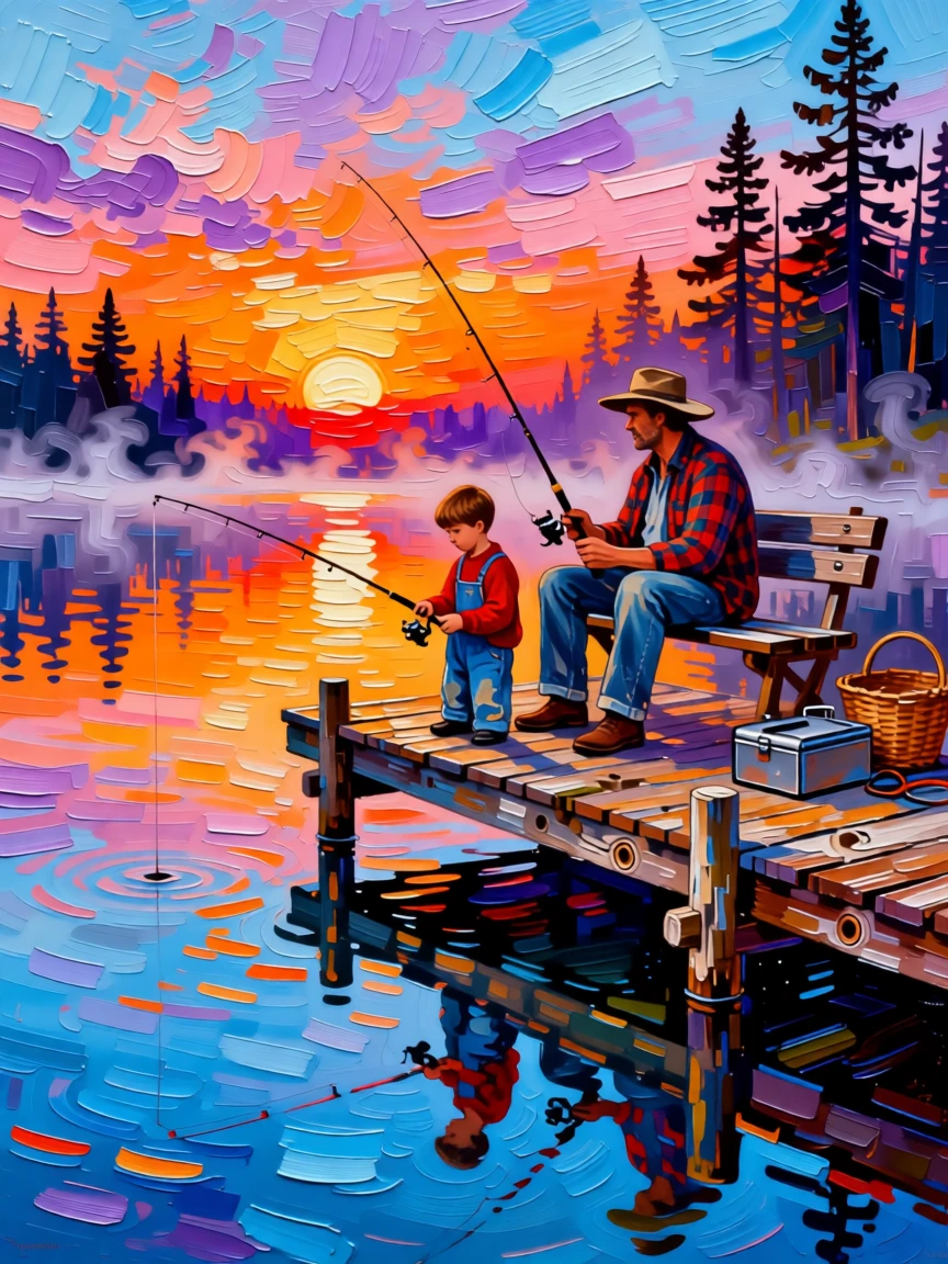 A father and son fishing quietly together from a wooden dock at sunrise