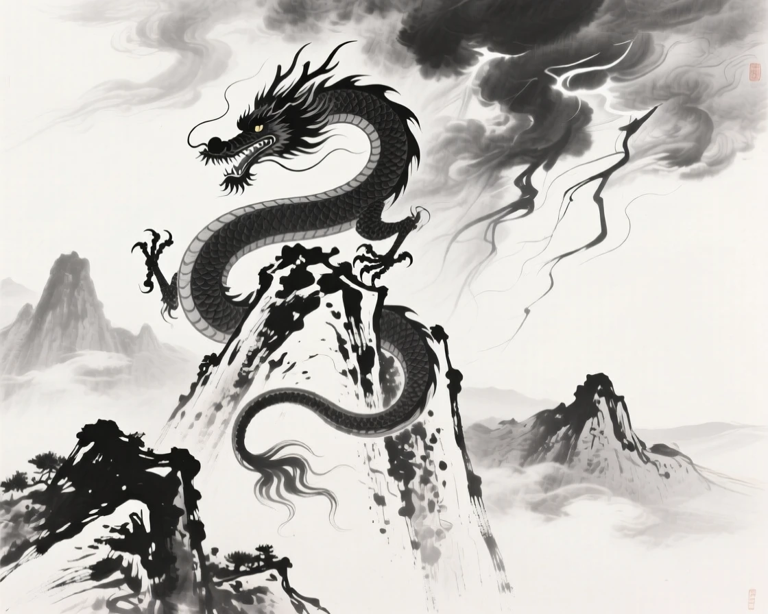 A dragon curls protectively around a mountain peak shrouded in cloud, as thunder rolls across the surrounding peaks.