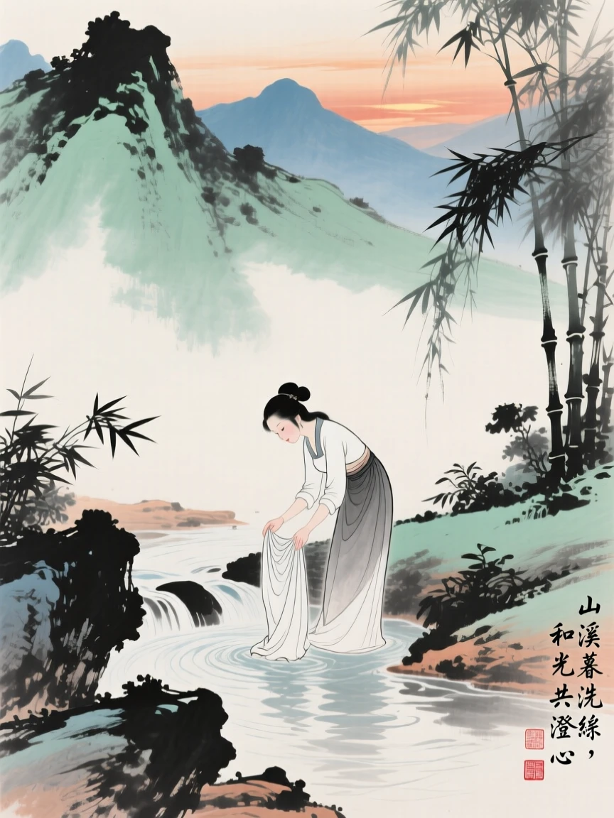 A woman washing silk in a clear mountain stream, conveying a deep sense of harmony with nature, at dusk.