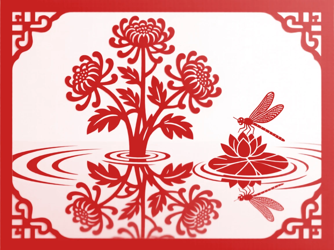 A bouquet of chrysanthemums reflected in the still water of a garden pond, while a dragonfly rests on a single leaf.