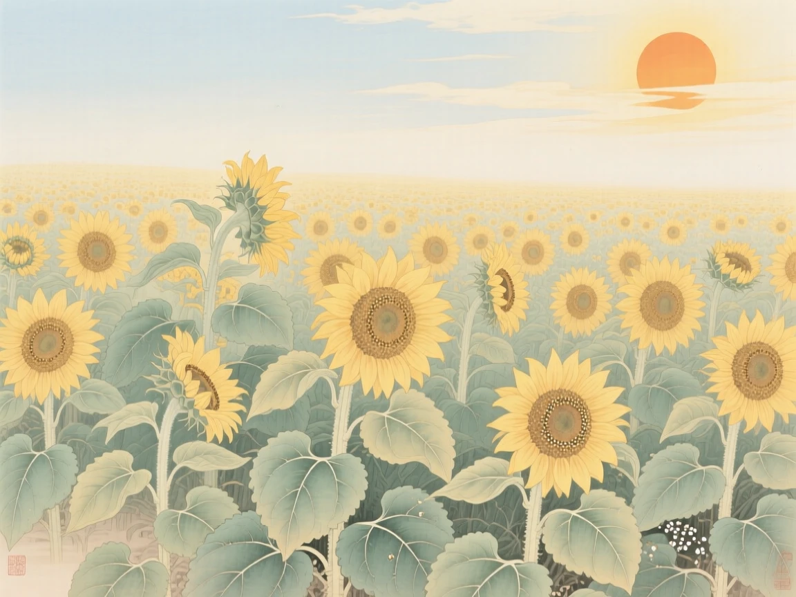 A field of sunflowers turning to face the summer sun