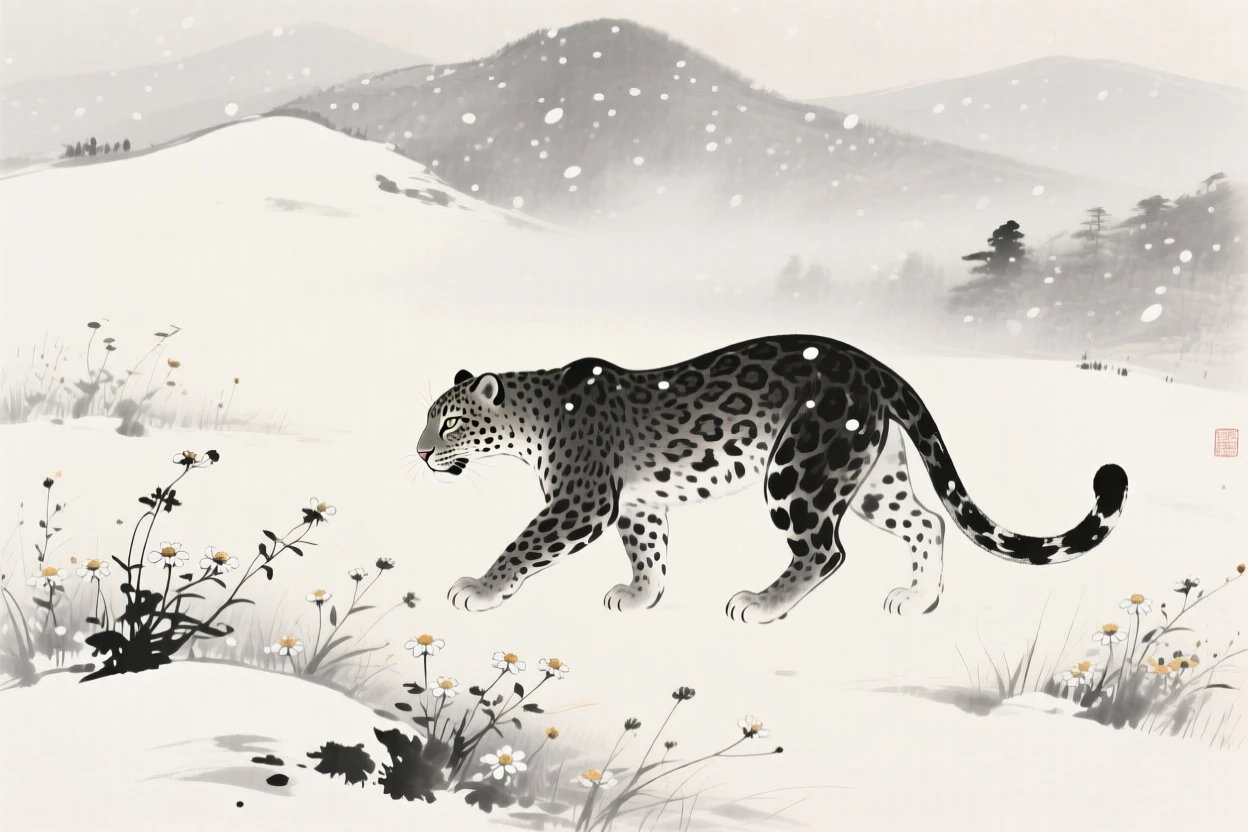 A leopard moving silently through falling snow among wildflowers on a mountain meadow, viewed through a gentle veil of morning mist, capturing a fleeting, tender moment of wild life.