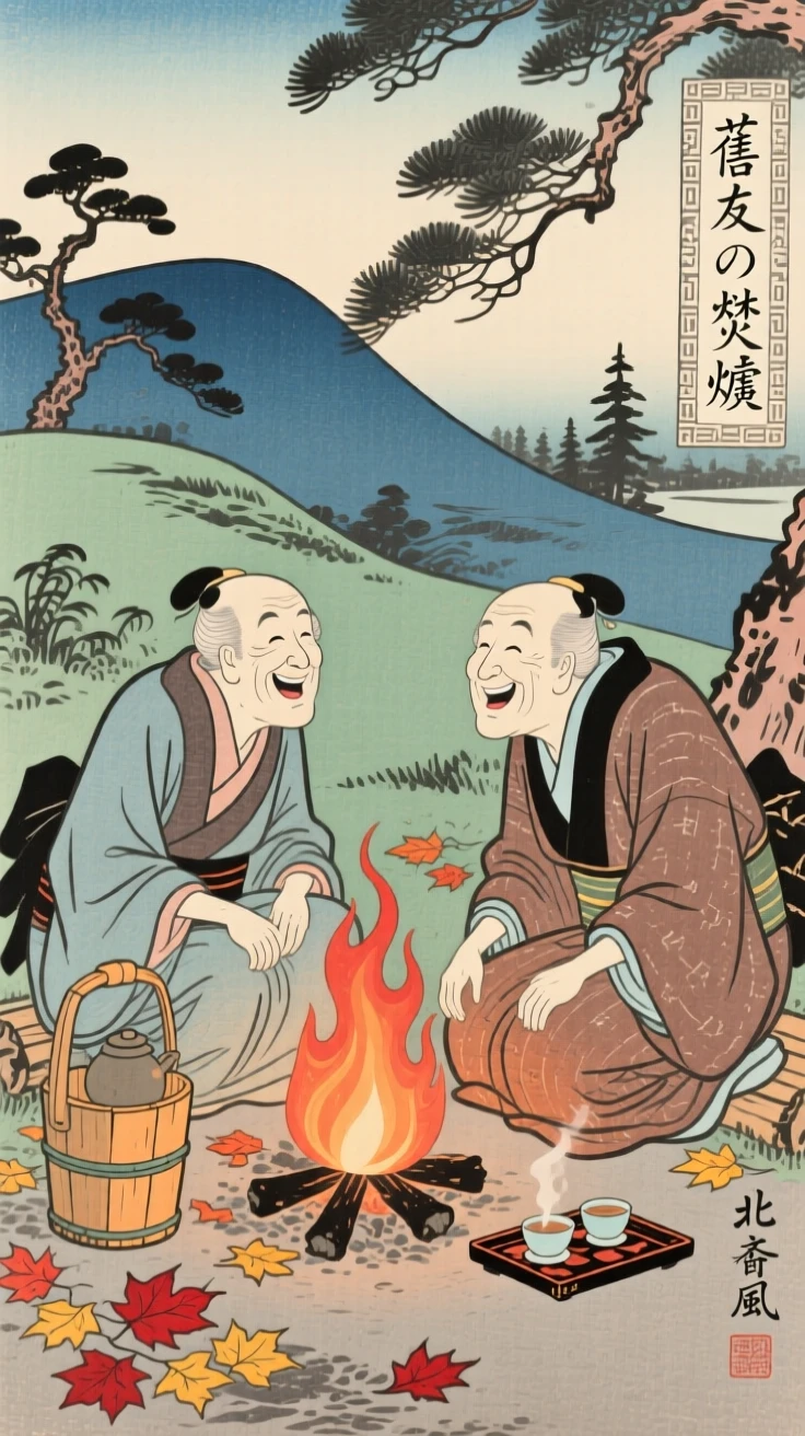 Old friends laughing together around a warm campfire.