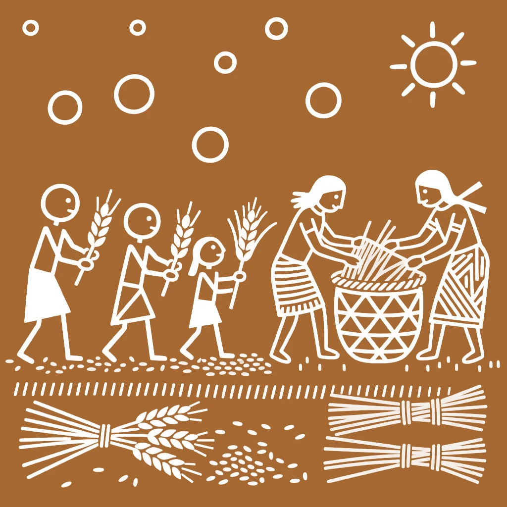 A family threshing wheat by hand weaving a basket from dried reeds.