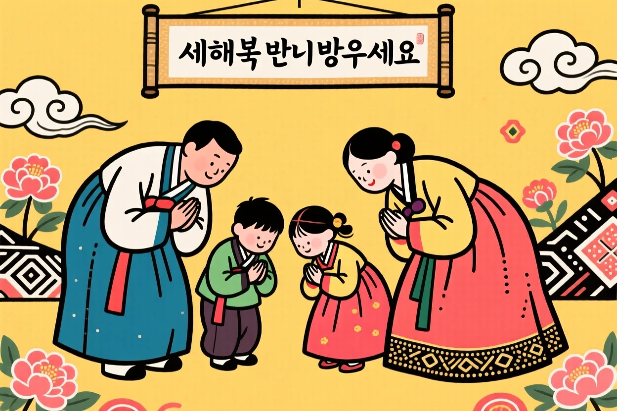 A family bowing together in traditional dress during a New Year celebration.