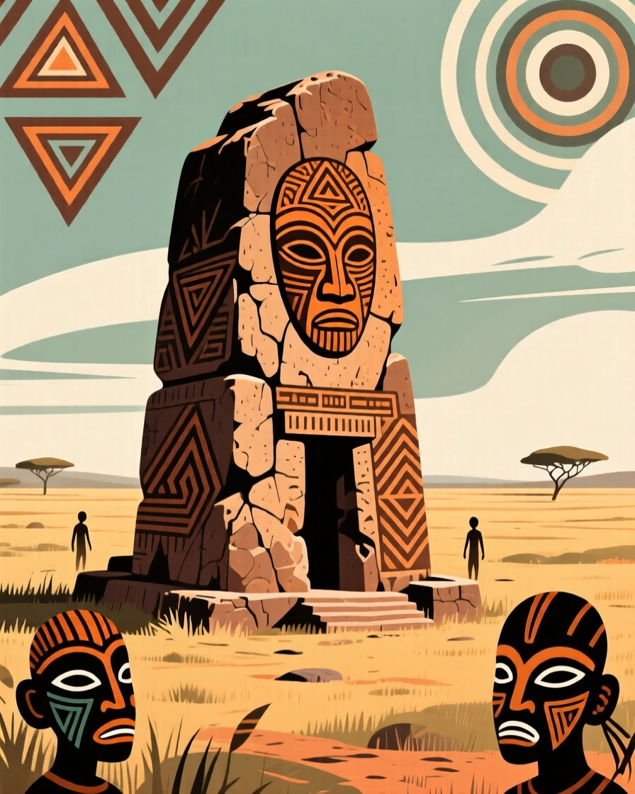 An ancient stone ruin standing at the edge of a wide savanna.
