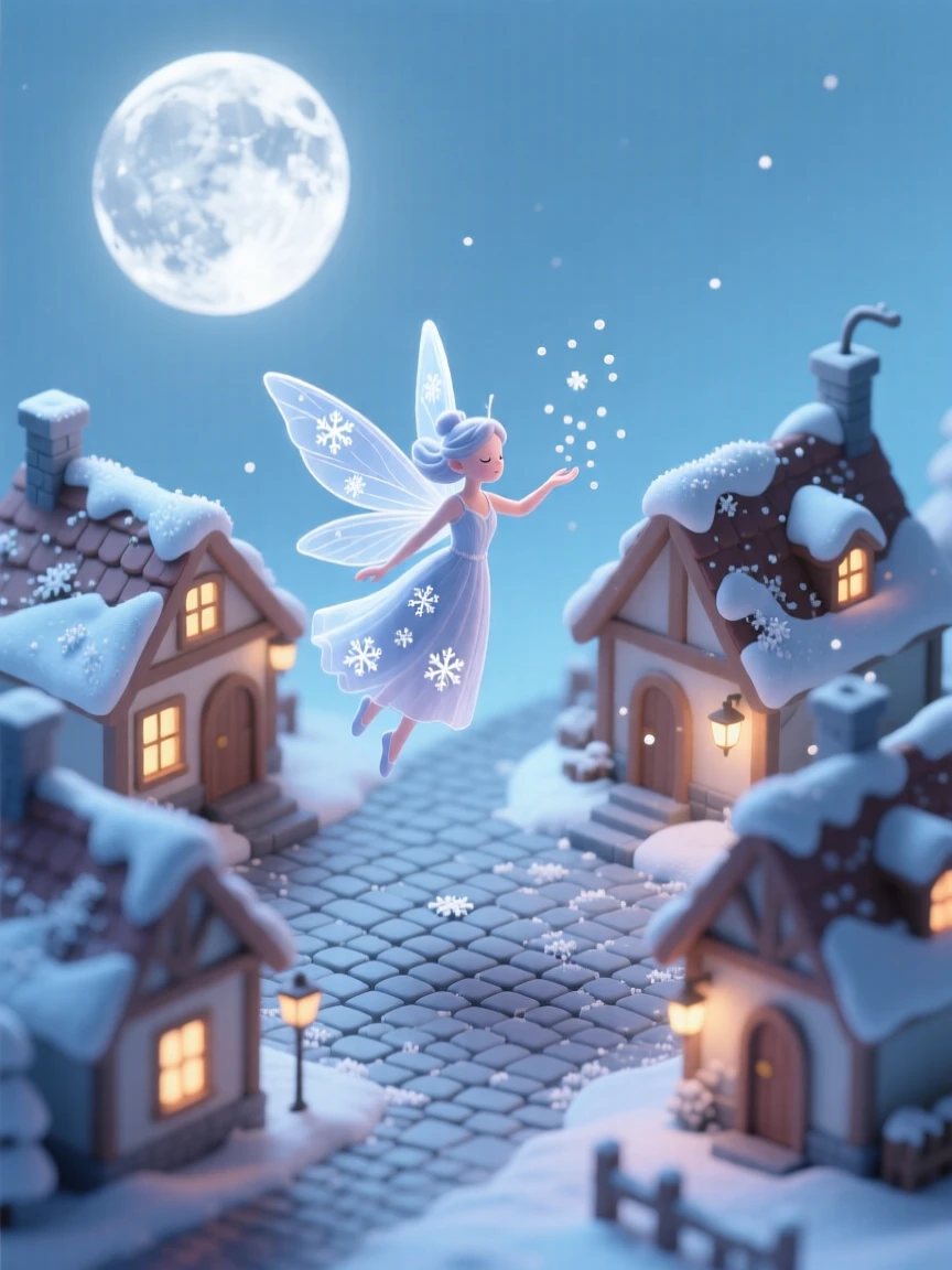 A snow fairy sprinkling the season's first frost across a sleeping village under a silver moon.