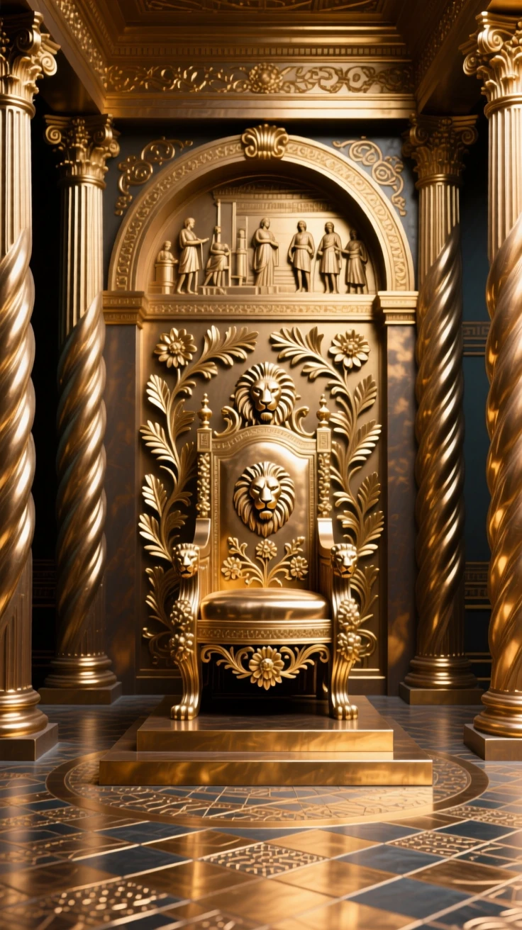 A grand palace throne room with golden ornamentation, with a powerful sense of history and grandeur, exuding timeless grandeur