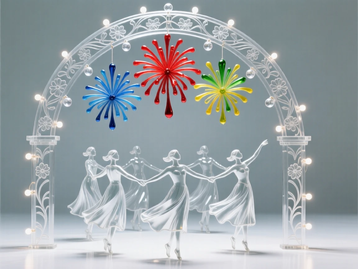 A circle of dancers celebrating beneath a decorated arch, as fireworks burst in bright colors overhead