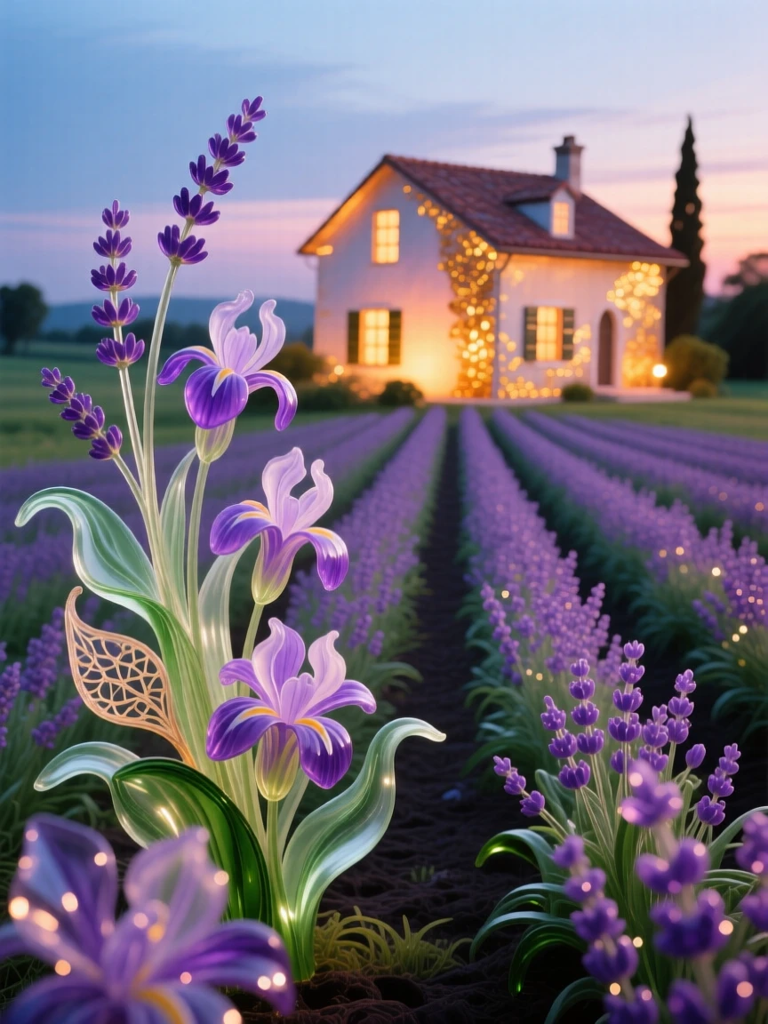 A field of blooming lavender rows leading toward a glowing farmhouse at dusk, calming and picturesque.