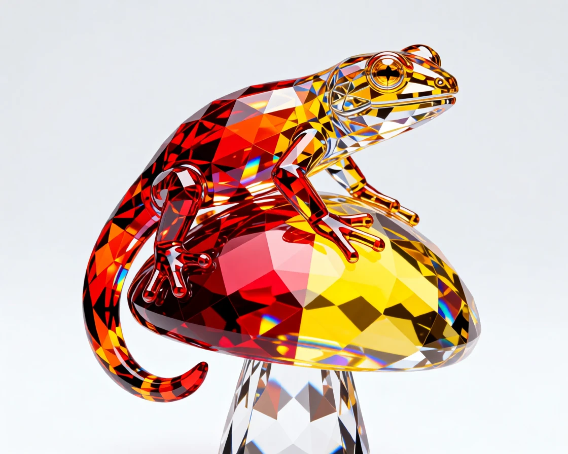 A miniature dragon-like gecko perched on a colorful mushroom.
