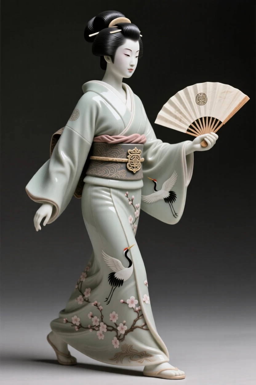 A geisha holding an open fan striding forward with purposeful authority, bearing markings of rank and honor, conveying quiet authority and enduring legacy.