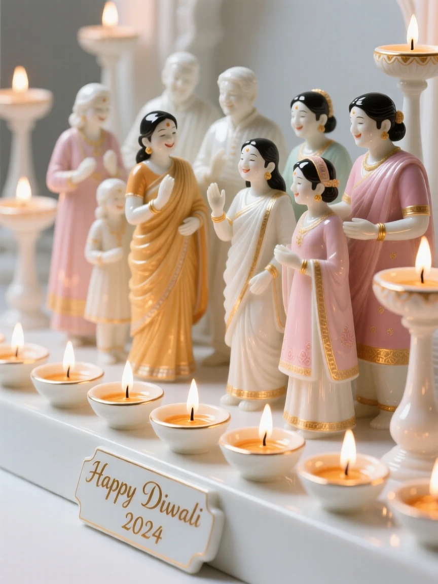 A joyful a Diwali celebration with rows of glowing lamps scene, families and friends gathered together happily.