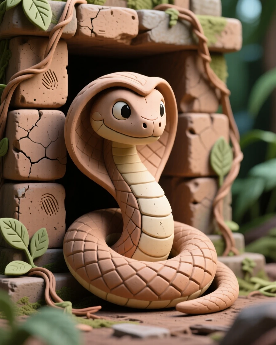 A naga coiling protectively around a jungle temple ruin
