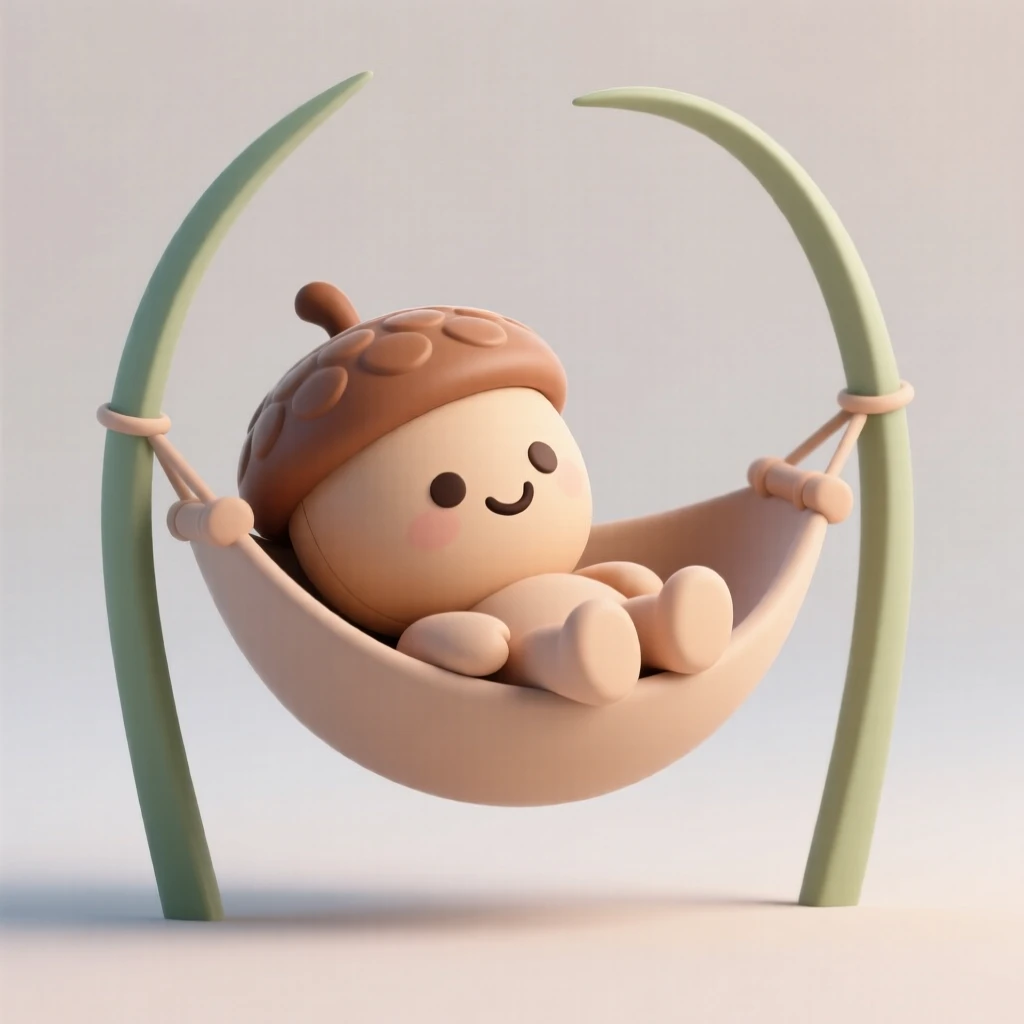 A cheerful acorn sprite naps inside a snug acorn cap hammock strung between two blades of grass.