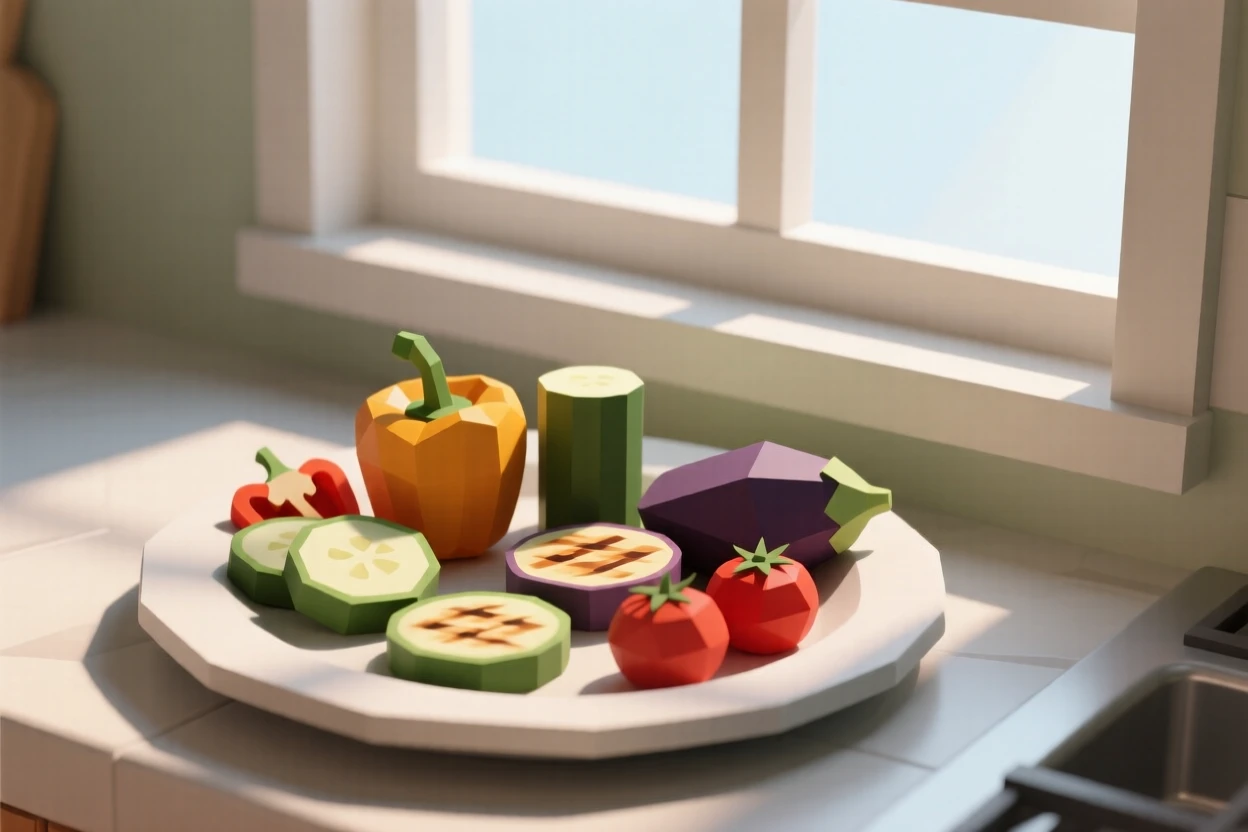 A platter of grilled summer vegetables, beside a sunlit kitchen window. a shallow depth of field keeps focus on the food. The scene feels warm and comforting.