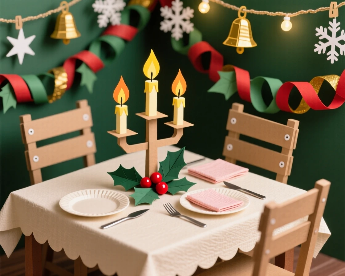 A romantic candlelit holiday dinner decorated with warm twinkling lights, with garlands and ornaments adorning every corner, capturing cherished holiday tradition.