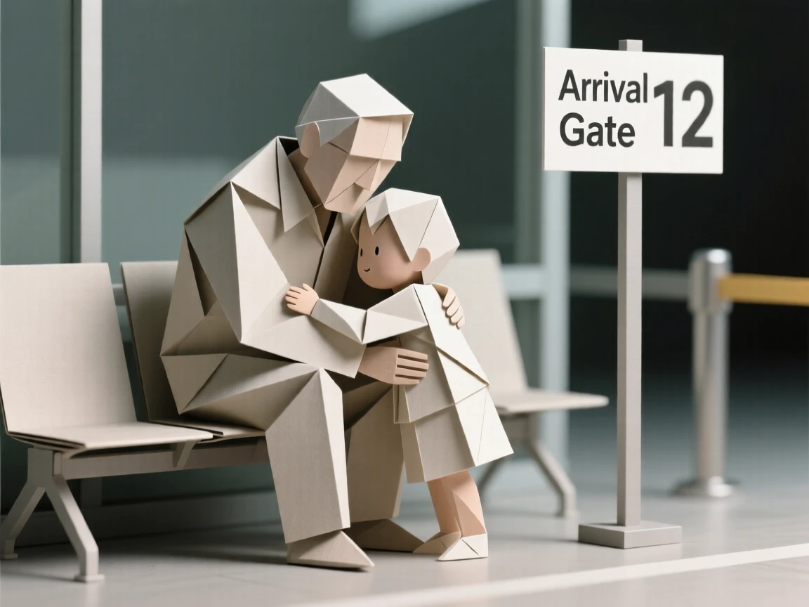 A quiet moment of a child hugging a grandparent tightly at an airport arrival gate.
