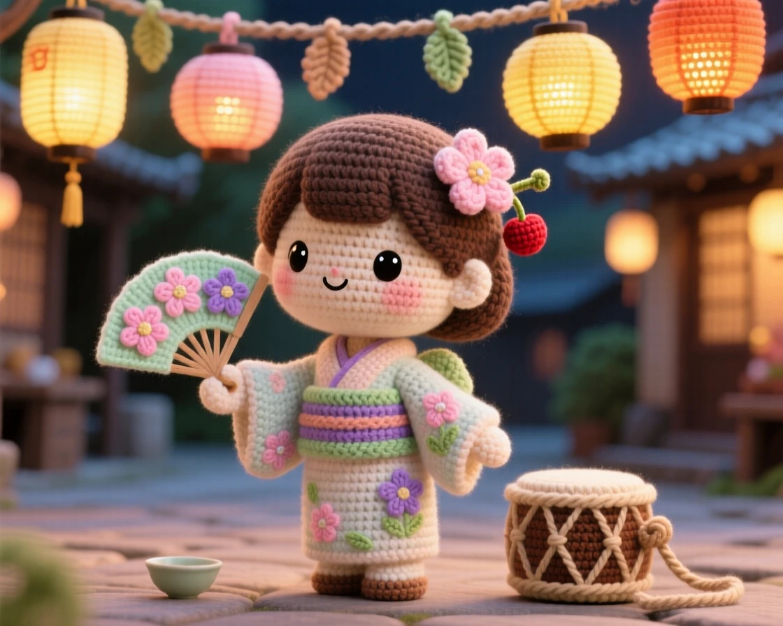 a little girl holding a small paper fan with painted flowers, for a tea ceremony celebration, bowing gently in greeting, at a lantern-lit village square, with a small drum resting nearby, radiating the cheerful spirit of a beloved tradition.