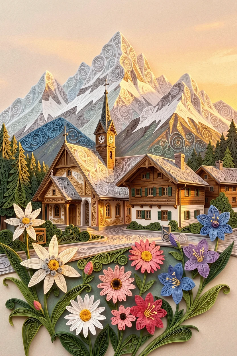 a Swiss alpine village nestled beneath snowy peaks, framed by blooming seasonal flowers in the foreground, composed with the landmark as a striking central focal point, in warm golden and rose-colored sunset tones.