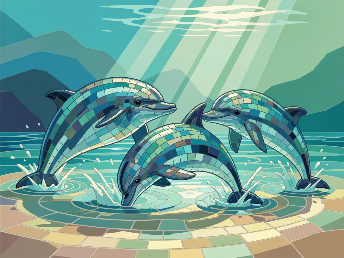 A dreamlike underwater view of a group of dolphins playing in sunlit shallow ocean water, glowing with soft blue-green light.