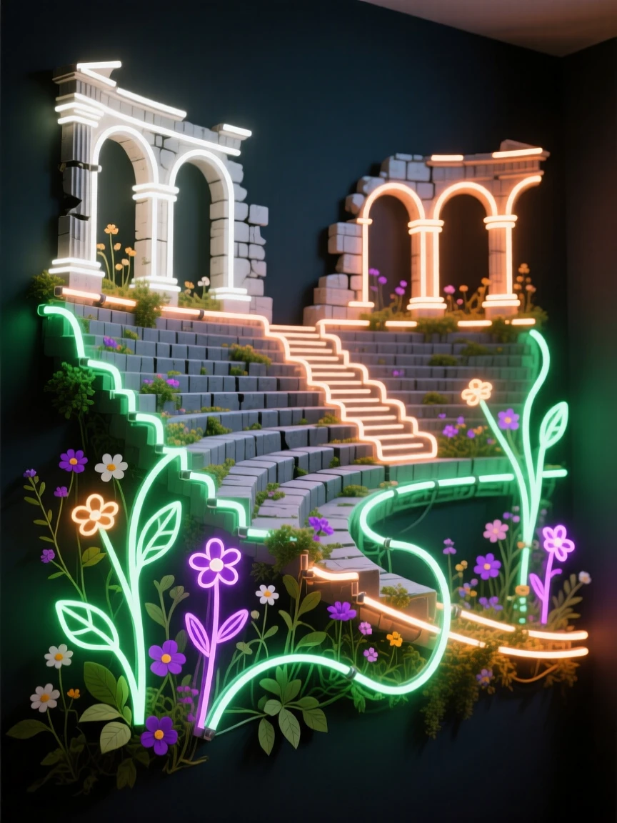 A ruined amphitheater overgrown with wildflowers.