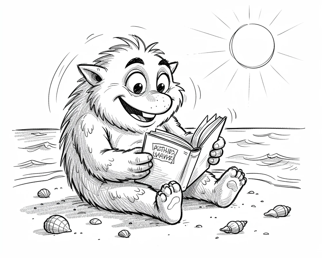 A friendly monster reading a bedtime story beside a sandy beach at midday.