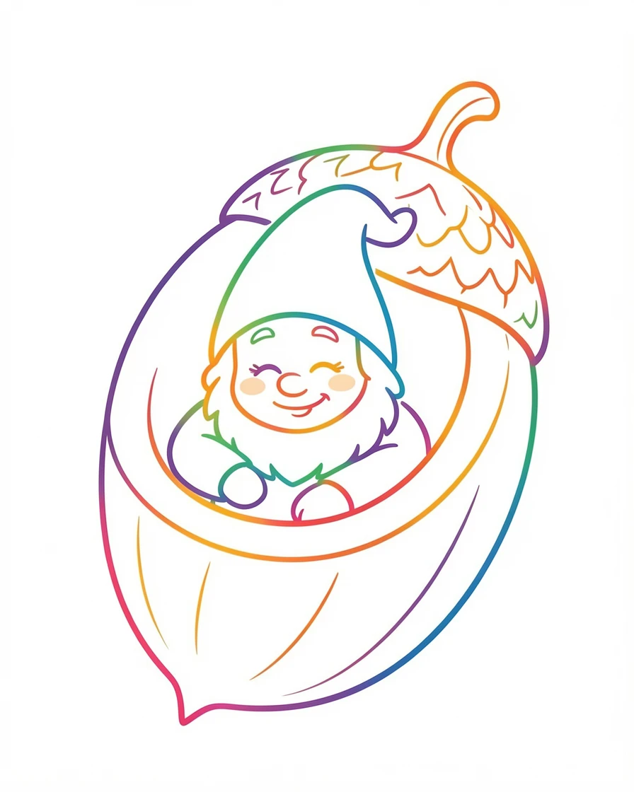 A cheerful gnome character napping inside a giant acorn cap.