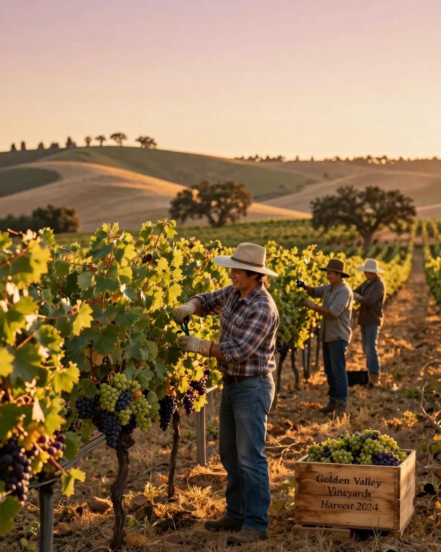 A California vineyard at golden hour harvest time