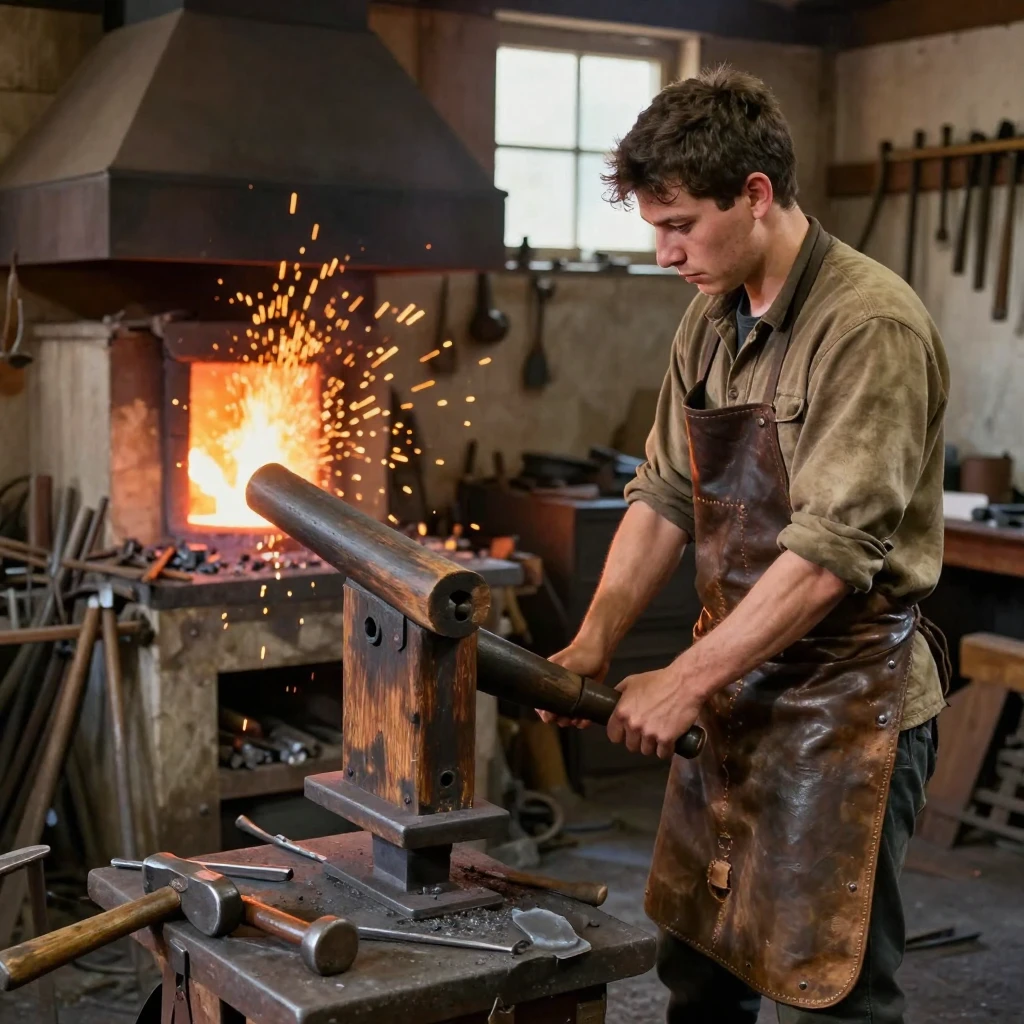 A blacksmith's apprentice pumps an ancient bellows as sparks fly from the forge.