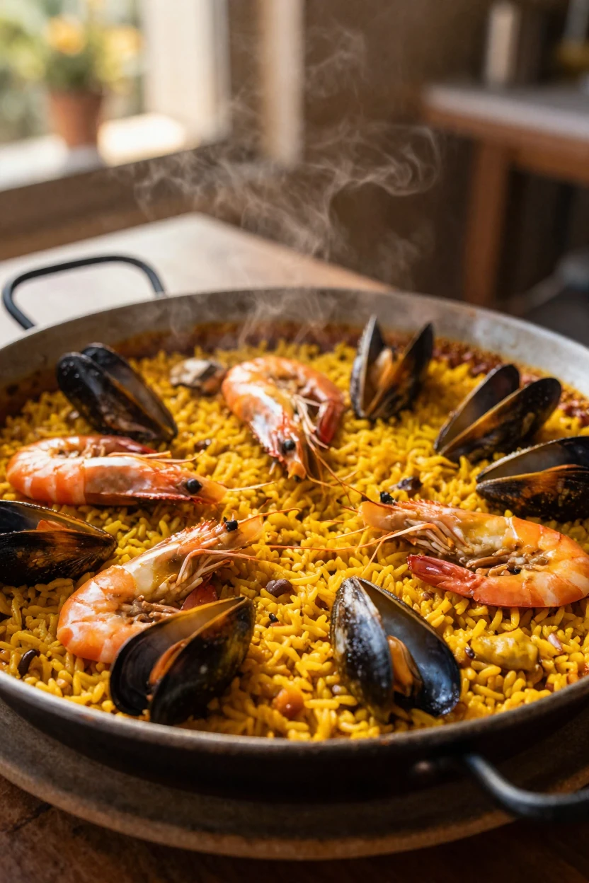 A bubbling pot of paella filled with saffron rice, shrimp, and mussels