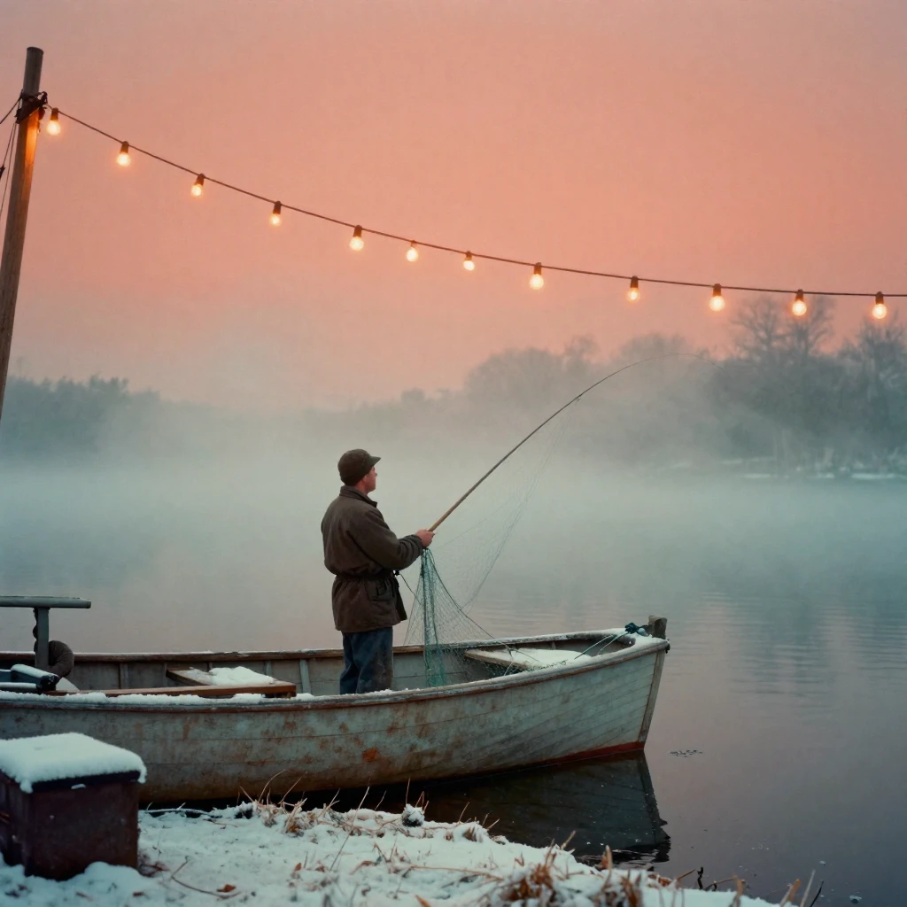 A fisherman casting a net from the bow of a small boat, under strings of warm string lights, as mist rises off the ground, under the first snow of winter, in vivid coral and turquoise hues, viewed from across the room.