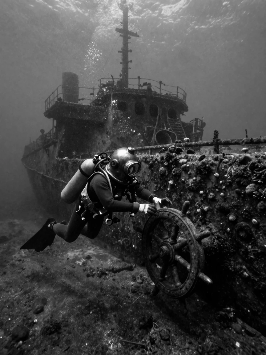 A deep-sea diver explores a sunken shipwreck in the deep twilight zone of the ocean.