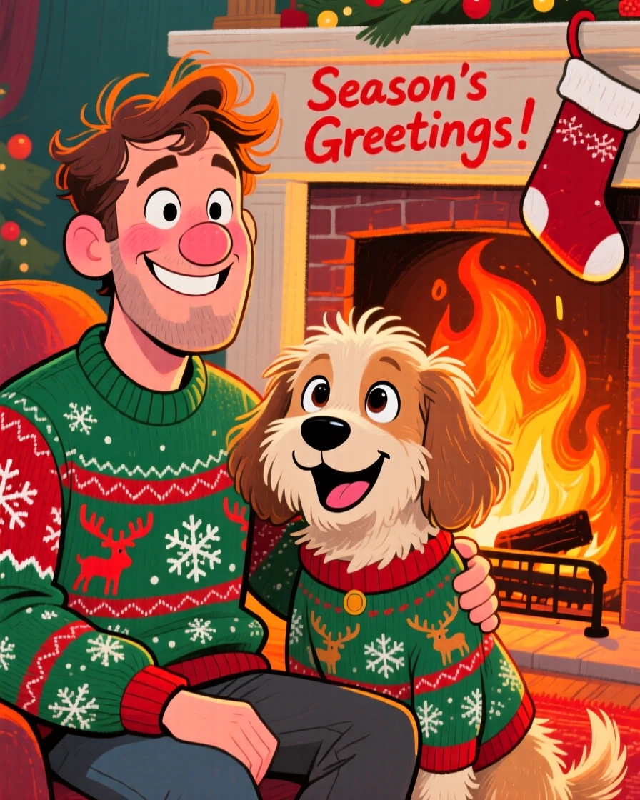 A man and his loyal dog matching in cozy holiday sweaters by the fireplace.